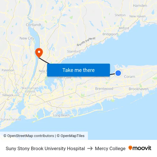 Suny Stony Brook University Hospital to Mercy College map