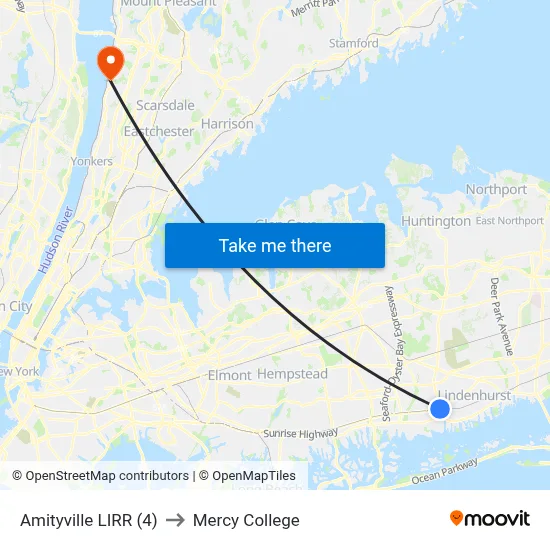 Amityville LIRR (4) to Mercy College map