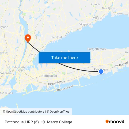 Patchogue LIRR (6) to Mercy College map