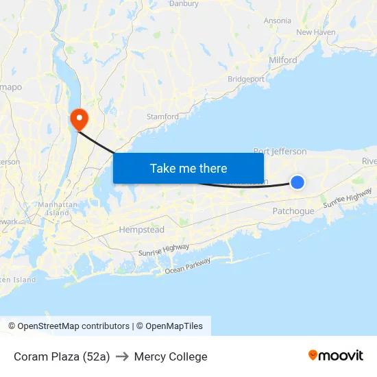 Coram Plaza (52a) to Mercy College map