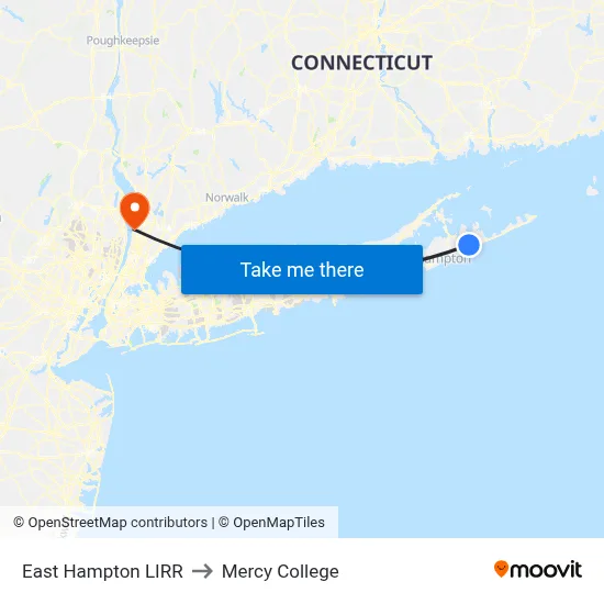 East Hampton LIRR to Mercy College map