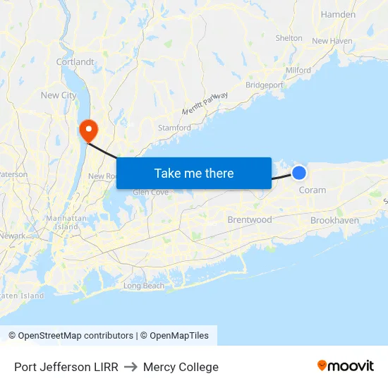 Port Jefferson LIRR to Mercy College map