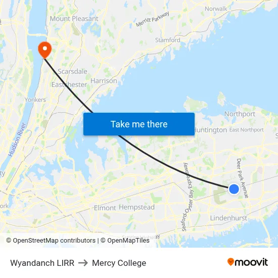 Wyandanch LIRR to Mercy College map