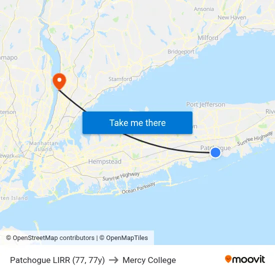 Patchogue LIRR (77, 77y) to Mercy College map