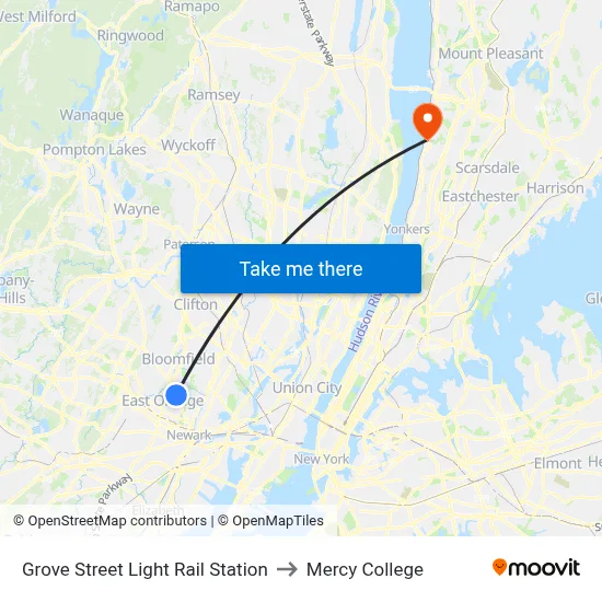 Grove Street Light Rail Station to Mercy College map