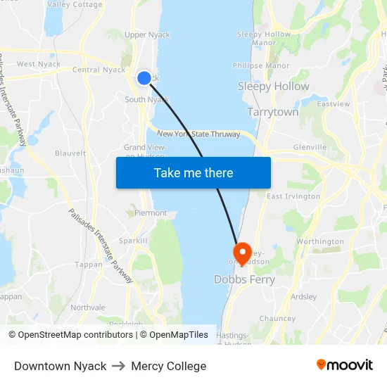 Downtown Nyack to Mercy College map