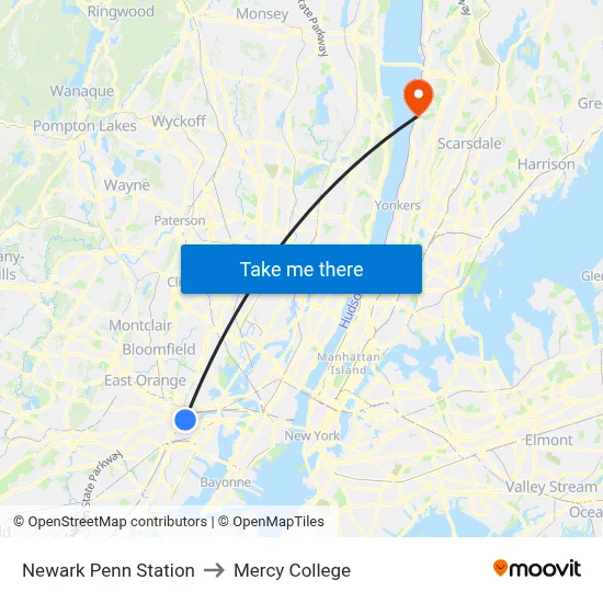Newark Penn Station to Mercy College map