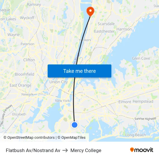 Flatbush Av/Nostrand Av to Mercy College map