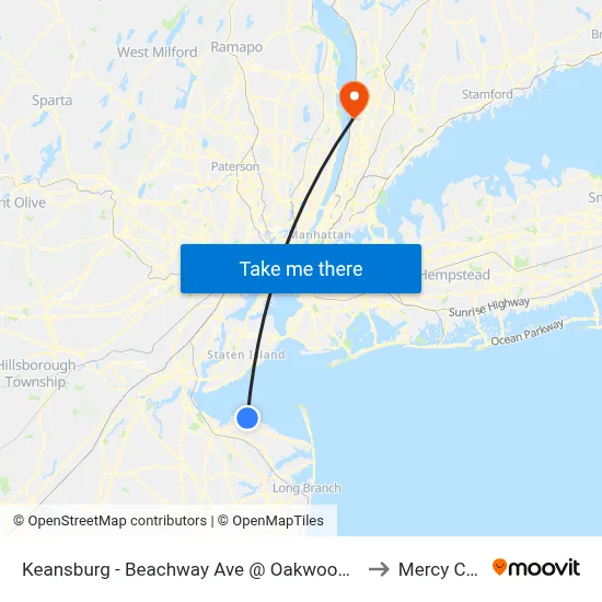Keansburg -  Beachway Ave @ Oakwood Pl (Northbound) to Mercy College map
