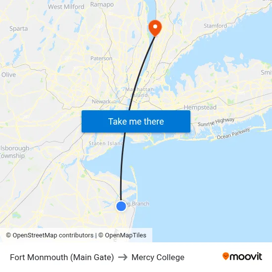 Fort Monmouth (Main Gate) to Mercy College map