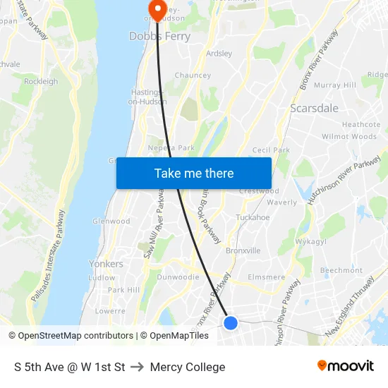 S 5th Ave @ W 1st St to Mercy College map