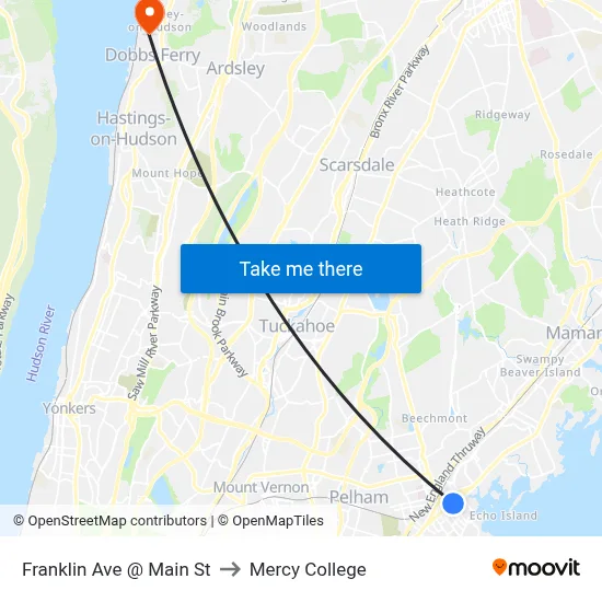 Franklin Ave @ Main St to Mercy College map