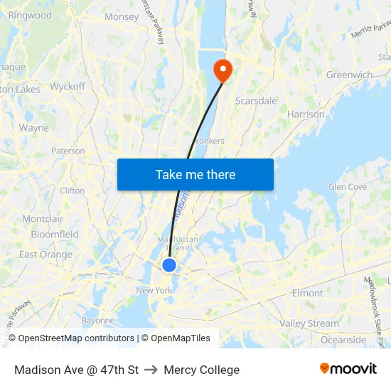 Madison Ave @ 47th St to Mercy College map