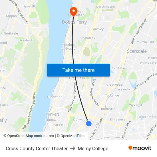 Cross County Center Theater to Mercy College map