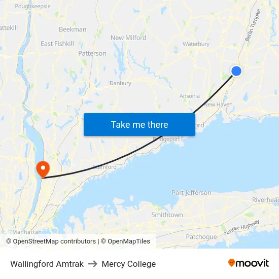 Wallingford Amtrak to Mercy College map
