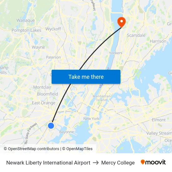 Newark Liberty International Airport to Mercy College map