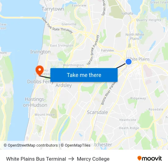 White Plains Bus Terminal to Mercy College map