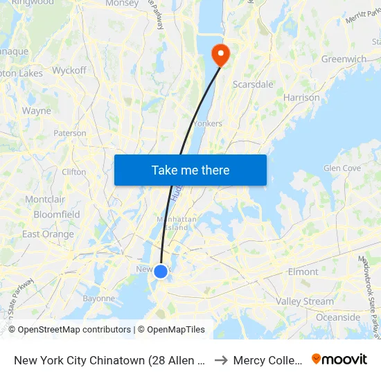 New York City Chinatown (28 Allen St) to Mercy College map