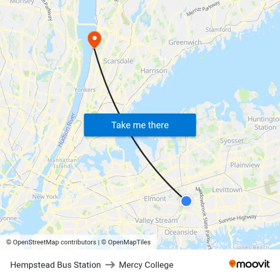 Hempstead Bus Station to Mercy College map