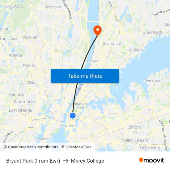 Bryant Park (From Ewr) to Mercy College map