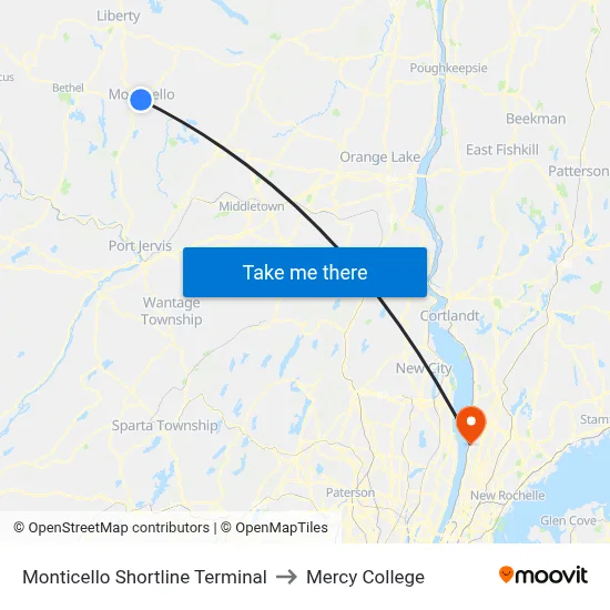 Monticello Shortline Terminal to Mercy College map