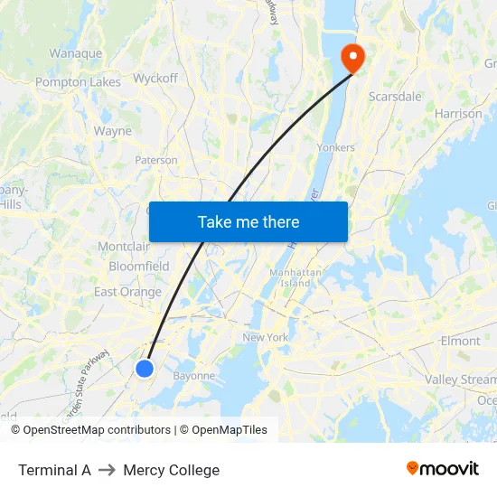 Terminal A to Mercy College map