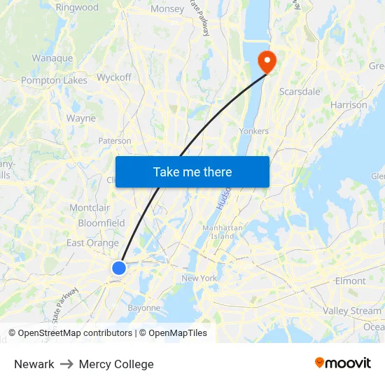 Newark to Mercy College map