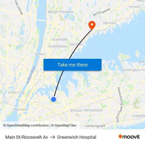 Main St/Roosevelt Av to Greenwich Hospital map