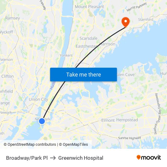 Broadway/Park Pl to Greenwich Hospital map