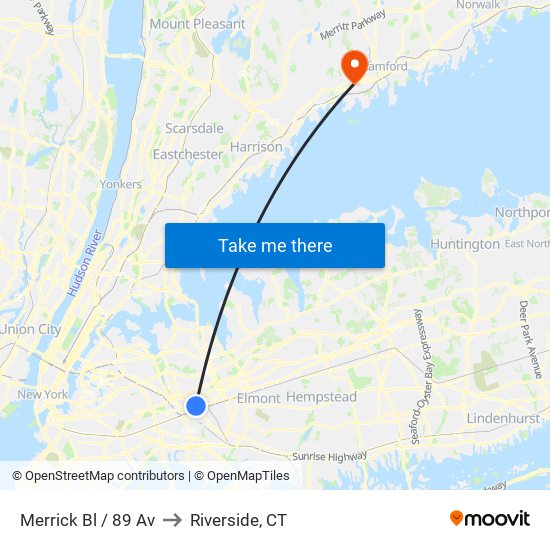 Merrick Bl / 89 Av to Riverside, CT map