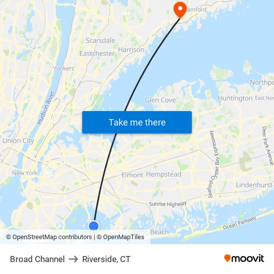 Broad Channel to Riverside, CT map