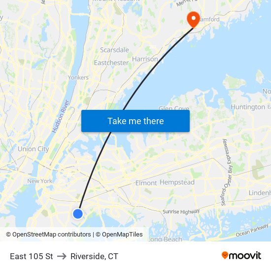 East 105 St to Riverside, CT map