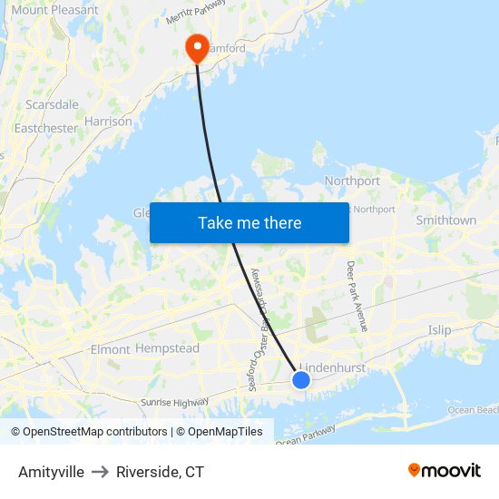 Amityville to Riverside, CT map