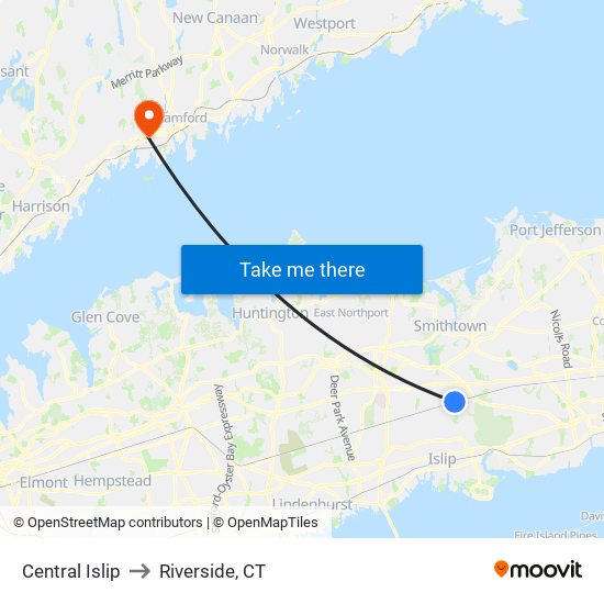 Central Islip to Riverside, CT map