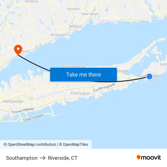 Southampton to Riverside, CT map