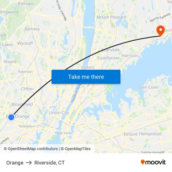 Orange to Riverside, CT map