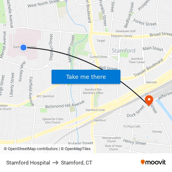 Stamford Hospital to Stamford, CT map