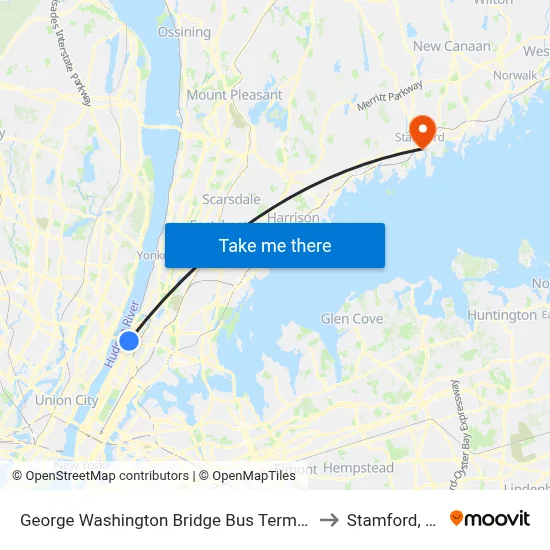George Washington Bridge Bus Terminal to Stamford, CT map