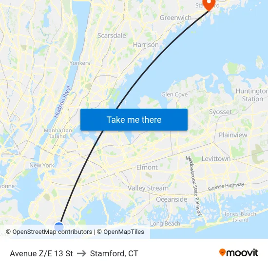 Avenue Z/E 13 St to Stamford, CT map