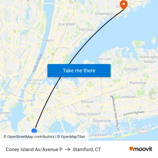 Coney Island Av/Avenue P to Stamford, CT map