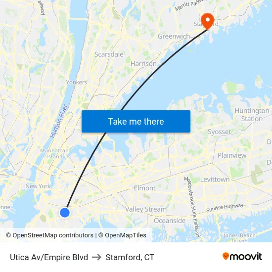Utica Av/Empire Blvd to Stamford, CT map