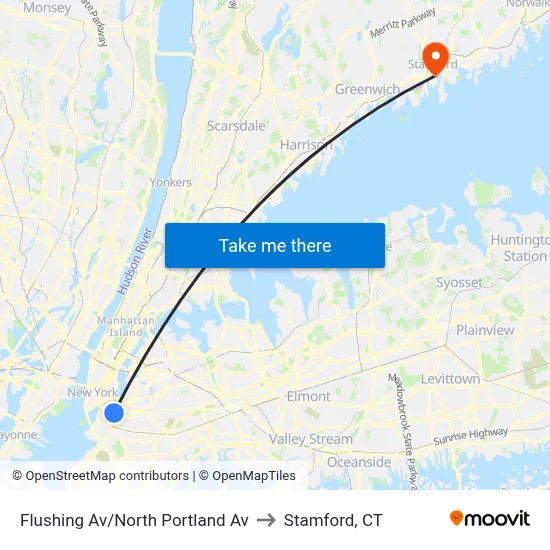Flushing Av/North Portland Av to Stamford, CT map
