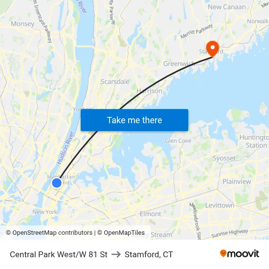 Central Park West/W 81 St to Stamford, CT map
