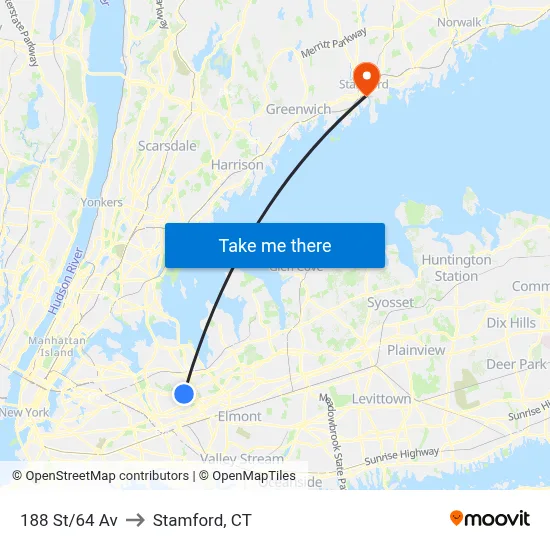 188 St/64 Av to Stamford, CT map