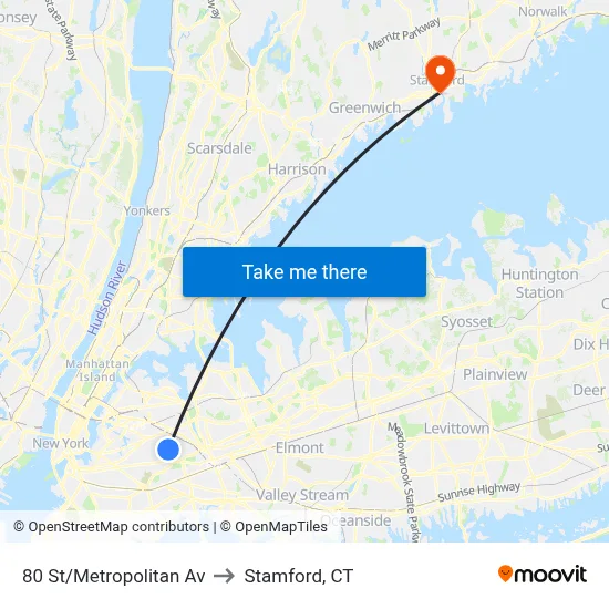 80 St/Metropolitan Av to Stamford, CT map