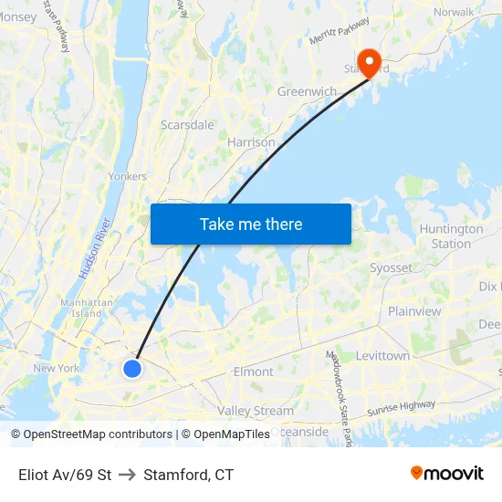 Eliot Av/69 St to Stamford, CT map