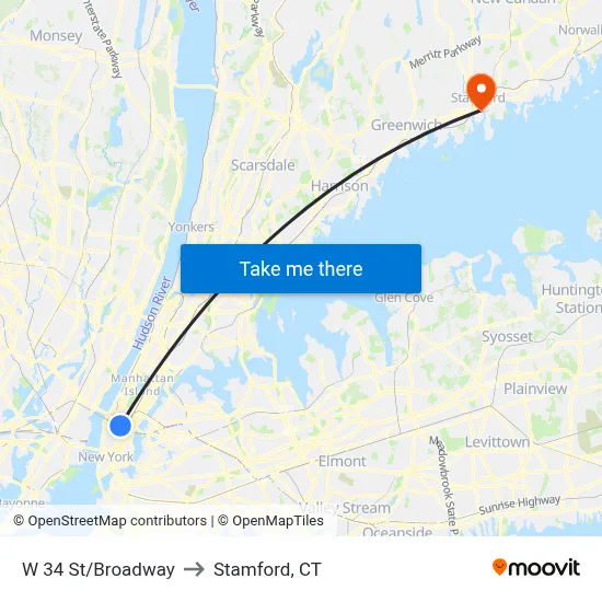 W 34 St/Broadway to Stamford, CT map