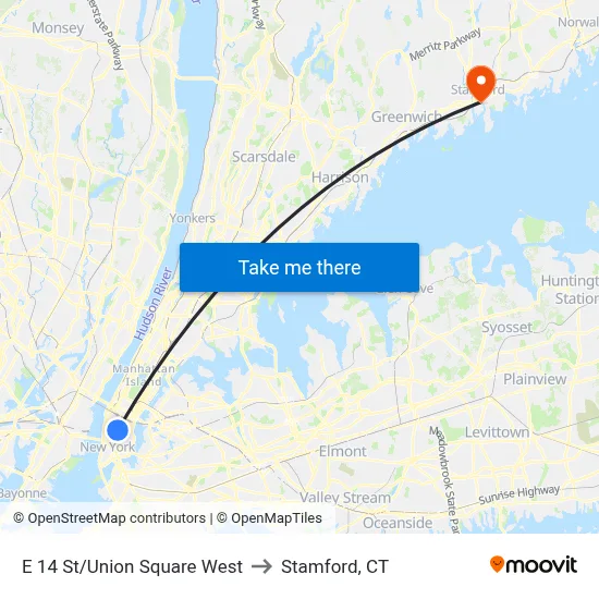 E 14 St/Union Square West to Stamford, CT map