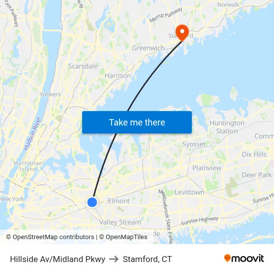 Hillside Av/Midland Pkwy to Stamford, CT map