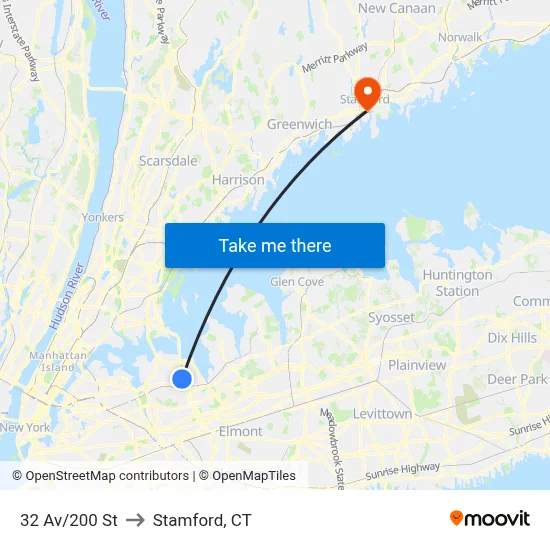 32 Av/200 St to Stamford, CT map